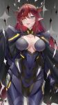  1girl ;p absurdres armor blue_eyes breasts cape creator_connection fate/grand_order fate_(series) highres hololive hololive_english horns irys_(hololive) large_breasts odysseus_(fate) one_eye_closed pauldrons pointy_ears power_armor red_hair shoulder_armor solo somebody_(leiking00) tongue tongue_out 