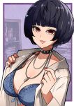  1girl black_choker black_hair blue_bra bookshelf bra breasts brown_eyes choker cleavage coat highres indoors jewelry large_breasts looking_at_viewer necklace open_clothes open_coat osusowake persona persona_5 red_nails short_hair solo takemi_tae underwear upper_body white_coat 