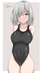  1girl arms_behind_back black_one-piece_swimsuit blue_eyes blush breasts collarbone competition_swimsuit covered_navel cowboy_shot gakky grey_hair hair_ornament hair_over_one_eye hairclip hamakaze_(kancolle) highleg highleg_swimsuit highres kantai_collection large_breasts looking_at_viewer neckerchief one-piece_swimsuit short_hair smile solo swimsuit yellow_neckerchief 