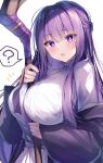  1girl ? absurdres blush breasts dress fern_(sousou_no_frieren) highres holding holding_staff large_breasts long_hair long_sleeves looking_at_viewer nenobi_(nenorium) open_mouth purple_eyes purple_hair solo sousou_no_frieren staff white_dress 