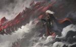  1boy a_song_of_ice_and_fire anato_finnstark cape daemon_targaryen dragon game_of_thrones glowing glowing_eyes gold_armor highres holding holding_sword holding_weapon long_hair looking_at_viewer male_focus medieval monster realistic red_cape signature steam sword weapon white_hair 