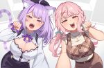  2girls ahoge animal_ears belt breasts cat_ears cat_tail cleavage cleavage_cutout clothing_cutout heart_on_chest highres hololive jewelry large_breasts long_hair low_twintails multiple_girls nekomata_okayu nekomata_okayu_(6th_costume) nijisanji open_mouth paw_pose pendant pink_eyes pink_hair plaid purple_eyes purple_hair ribbed_shirt shiina_yuika shiina_yuika_(9th_costume) shin_toro shirt tail twintails virtual_youtuber 