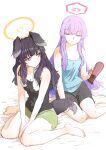  2girls animal_ears barefoot black_hair black_shorts blue_archive breasts cleavage closed_mouth dog_ears dog_girl dog_tail green_shorts hair_dryer halo hariyaa hibiki_(blue_archive) highres holding long_hair medium_breasts multiple_girls purple_eyes purple_hair shorts simple_background sitting small_breasts tail tank_top towel towel_around_neck utaha_(blue_archive) wet wet_hair 