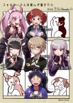  2boys 4girls :d ;) black_gloves black_hair card celestia_ludenberg character_request collared_shirt copyright_request danganronpa:_trigger_happy_havoc danganronpa_(series) danganronpa_2:_goodbye_despair danganronpa_another_episode:_ultra_despair_girls danganronpa_v3:_killing_harmony dress_shirt drill_hair ear_bow fake_horns gem glasses gloves grin hair_ribbon highres holding holding_card horns jacket kirigiri_kyoko kirin_(suzoke_1) long_hair long_sleeves looking_at_viewer magic monokuma monomi_(danganronpa) multiple_boys multiple_girls one_eye_closed pink_eyes pink_hair playing_card purple_jacket red_hair ribbon semi-rimless_eyewear shirt smile sparkle sweatdrop teeth togami_byakuya translation_request twin_drills twintails two-tone_shirt upper_teeth_only utsugi_kotoko yumeno_himiko 