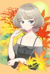  1girl autumn_leaves bare_shoulders blue_eyes breasts brown_hair closed_mouth commentary_request finger_to_mouth green_eyes grey_hair grey_shirt hand_up heterochromia idolmaster idolmaster_cinderella_girls leaf looking_to_the_side maple_leaf moudoku_(decopon3rd) off-shoulder_shirt off_shoulder shirt short_hair small_breasts solo spaghetti_strap takagaki_kaede upper_body wide_sleeves 
