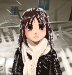  1girl azumanga_daioh black_coat brown_eyes brown_hair building cinnabon60 closed_mouth coat husbant_(meme) kasuga_ayumu light_frown long_hair looking_at_viewer meme night outdoors scarf snow solo third-party_edit third-party_source urban white_scarf 