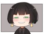  1girl allmind_(armored_core_6) anya&#039;s_heh_face_(meme) armored_core armored_core_6 black_hair black_jacket black_necktie blush chibi collared_shirt earrings green_eyes green_hair grey_background grey_shirt half-closed_eyes i.u.y jacket jewelry looking_at_viewer meme multicolored_hair necktie personification shirt short_hair smile solo two-tone_background two-tone_hair white_background 
