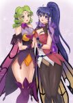  2girls :d absurdres adapted_costume alternate_costume bare_shoulders black_pantyhose blue_eyes blue_hair blush boots braid breasts butterfly_wings cape circlet cleavage collarbone collared_leotard cowboy_shot dress fire_emblem fire_emblem:_the_sacred_stones fire_emblem_heroes flower gradient_clothes green_eyes green_hair hair_flower hair_ornament hazuki_(nyorosuke) highres holding_hands l&#039;arachel_(fire_emblem) l&#039;arachel_(resplendent)_(fire_emblem) large_breasts long_hair looking_at_viewer multiple_girls official_alternate_costume open_mouth pantyhose ponytail purple_thighhighs short_dress showgirl_skirt simple_background sleeveless sleeveless_turtleneck_leotard smile standing tana_(fire_emblem) thigh_boots thighhighs thighs turtleneck twin_braids wings wrist_cuffs 