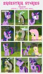  absurd_res anthro bangs black_border border chimera clearing cutie_mark dialogue discord_(mlp) draconequus equid equine estories eyes_closed female feral flower fluttershy_(mlp) folded_wings friendship_is_magic grass group hasbro hi_res horn male mammal my_little_pony narrowed_eyes open_mouth pegasus plant sitting standing tree trio twilight_sparkle_(mlp) what wide_eyed winged_unicorn wings 