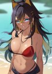  1girl bare_shoulders beach bikini black_bikini black_hair black_shorts blonde_hair blue_eyes blurry blurry_background breasts commentary_request crossed_bangs dark-skinned_female dark_skin day dehya_(genshin_impact) earrings genshin_impact hair_between_eyes hair_ears hair_intakes highres jewelry large_breasts long_hair looking_at_viewer multicolored_hair navel outdoors red_bikini sand short_shorts shorts sidelocks single_earring smile solo stomach streaked_hair swimsuit tsurime two-tone_bikini two-tone_hair water yamabuki7979 yellow_pupils 