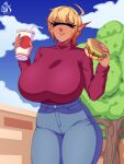  absurd_res beverage big_breasts blonde_hair breasts burger clothed clothing cyclops eating female food hair hi_res huge_breasts not_furry solo souladdicted 