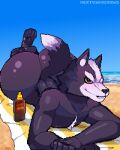  anthro beach black_hair blush butt canid canine canis feral fur hair lying male mammal mertvykhcrows nintendo nipples nude seaside simple_background solo star_fox wolf wolf_o&#039;donnell 