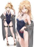  1girl bare_shoulders black_one-piece_swimsuit blonde_hair braid breasts covered_navel fate/apocrypha fate_(series) french_braid full_body green_eyes highleg highleg_swimsuit highres long_hair looking_at_viewer mordred_(fate) mordred_(fate/apocrypha) multiple_views one-piece_swimsuit parted_bangs ponytail sidelocks small_breasts swimsuit tonee 