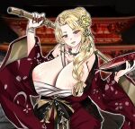  ass bandages blonde_hair breasts cup highres horns huge_ass idsk_you japanese_clothes kimono large_areolae large_breasts mature_female oni oni_horns open_mouth original pink_hair red_eyes sakazuki shinai sword thick_thighs thighs weapon 