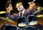  1boy :d alternate_costume animal_ears artist_request bara drumming drumsticks facial_hair furry furry_male goatee hands_up head_tilt highres holding holding_drumsticks jaguar_boy jaguar_ears looking_at_viewer male_focus mature_male motion_blur original romg romg_the_jaguar sanpaku short_hair smile solo suit thick_eyebrows upper_body 