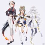  3girls ameniwa_yae asymmetrical_legwear dragon_girl dragon_horns dragon_tail dress geppaku_lui horns kokuyou_lira light_brown_hair mismatched_legwear multicolored_hair multiple_girls nozomi_fuuten open_mouth red_hair short_sleeves smile tail vee_(vtuber) white_dress white_hair 