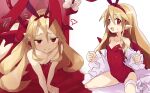  1girl absurdres all_fours ass bare_shoulders blonde_hair breasts cleavage covered_navel demon_girl demon_tail demon_wings disgaea earrings fang flonne flonne_(fallen_angel) heart heart_earrings highres jank365m jewelry leg_ribbon leotard long_hair looking_at_viewer makai_senki_disgaea multiple_views naughty_face off_shoulder open_clothes open_mouth open_shirt pointy_ears red_eyes red_leotard ribbon shirt sitting small_breasts smile spread_legs strapless strapless_leotard tail thigh_ribbon thighs very_long_hair white_shirt wings 