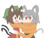  2girls animal_ear_fluff animal_ears brown_eyes brown_hair cat_ears cat_tail cheek-to-cheek chen commentary_request green_headwear grey_hair hat heads_together jitome looking_at_another mob_cap mouse_ears mouse_tail multiple_girls multiple_tails nazrin nekomata orange_scarf red_eyes red_skirt red_vest scarf shared_clothes shared_scarf short_hair simple_background skirt tail touhou two_tails uneven_eyes vest white_background yayuyoyayuyo 
