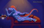  absurd_res anatomy anthro blue_body blue_skin dinosaur dromaeosaurid feathers hi_res male muscular nude quixos reclining red_body red_feathers reptile scalie solo theropod voka-art 