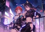  2girls absurdres animal_ears arknights black_hair breasts city_lights colored_inner_hair exusiai_(arknights) highres implied_yuri jacket medium_breasts multicolored_hair multiple_girls navel red_hair shorts tail texas_(arknights) wolf_ears wolf_girl wolf_tail 