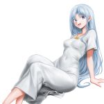  1girl :d ancient_ys_vanished blue_eyes blue_hair breasts covered_navel dress feena_(ys) feet_out_of_frame hair_intakes highres jewelry leaning_back light_blue_hair long_hair medium_breasts minamoto80486 necklace open_mouth short_sleeves simple_background sitting smile solo very_long_hair white_background white_dress ys 