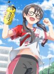  1girl absurdres arms_up black-framed_eyewear blush bottle glasses haruki_(haruki678) highres holding holding_bottle idolmaster idolmaster_million_live! long_hair looking_at_viewer low_twintails navel one_eye_closed open_mouth outdoors red_eyes red_shirt shirt solo stomach sweat takayama_sayoko twintails two-tone_shirt 