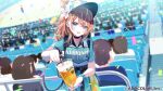  1girl :d alcohol baseball_cap beer black_bow blue_eyes blue_headwear blue_shirt blue_skirt blush bow brown_hair collared_shirt commentary_request confetti cup ear_piercing hair_between_eyes hair_bow hair_bun hair_ornament hairclip hat holding holding_cup igarashi_rika long_hair looking_at_viewer misumi_(macaroni) multicolored_hair nijisanji official_art one_side_up outdoors people piercing pleated_skirt shirt short_sleeves single_side_bun skirt smile solo_focus star_(symbol) star_hair_ornament streaked_hair virtual_youtuber watermark white_hair 