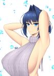  1girl armpits arms_behind_head arms_up blue_eyes blue_hair breasts eyelashes highres hololive hololive_english huge_breasts light_smile looking_at_viewer ouro_kronii ryu_seung sideboob sidelocks signature simple_background sleeveless sleeveless_turtleneck smile sweat sweater turtleneck turtleneck_sweater upper_body virtual_youtuber water_drop white_background 