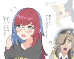  1boy 1girl alternate_hair_length alternate_hairstyle arven_(pokemon) bangs blue_hair blush brown_hair collared_shirt glasses green_eyes grey_eyes hair_over_one_eye hood hoodie kyutai_x long_hair morpeko morpeko_(full) multicolored_hair open_mouth penny_(pokemon) pokemon pokemon_(creature) pokemon_(game) pokemon_sv red_hair round_eyewear shirt two-tone_hair vest yellow_vest 