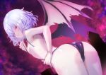  1girl ass ass_focus back bare_shoulders bat_wings black_one-piece_swimsuit blush breasts clothes_pull cloud from_behind from_below hand_on_own_hip looking_at_viewer looking_back looking_down one-piece_swimsuit one-piece_swimsuit_pull open_mouth outdoors red_eyes red_sky remilia_scarlet short_hair sideboob sky slingshot_swimsuit small_breasts smile solo standing swimsuit thighs touhou tousen white_hair wings 