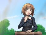  1girl blue_jacket blue_sky blurry blurry_background brown_eyes brown_hair clear_sky commentary_request day frown girls_und_panzer green_shirt hand_on_own_throat jacket kabutowari long_sleeves looking_to_the_side military_uniform nishizumi_miho ooarai_military_uniform open_mouth outdoors partial_commentary shirt short_hair sky smoke solo tank_cupola throat_microphone uniform 