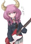  1girl alternate_costume alternate_hairstyle aura_(sousou_no_frieren) blunt_bangs braid commentary_request demon_horns electric_guitar guitar hair_between_eyes holding horns instrument k-on! looking_at_viewer multiple_braids pink_hair purple_eyes school_uniform simple_background solo sousou_no_frieren soutsuki_naru translation_request white_background 