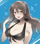  1girl air_bubble ashigara_(kancolle) bikini black_bikini blush breasts brown_eyes brown_hair bubble collarbone hairband hatomaru_(hatomaru56) kantai_collection long_hair looking_at_viewer medium_breasts open_mouth skirt smile swimsuit underwater upper_body wavy_hair 