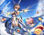  2girls absurdres ahoge alternate_costume animal_ears april_fools armor armored_boots ass_visible_through_thighs aviator_sunglasses azur_lane baltimore_(azur_lane) bare_shoulders bird black_thighhighs blue_sky boots braid breasts bremerton_(azur_lane) brown_hair chick chinese_commentary cleavage closed_mouth clothing_cutout cloud commentary_request elbow_gloves english_commentary engrish_commentary fake_tail faulds floating french_braid garter_straps gloves grey_hair hair_between_eyes hair_intakes hair_ornament headgear highres large_breasts long_hair manjuu_(azur_lane) mecha_musume mixed-language_commentary mole mole_on_breast multicolored_hair multiple_girls navel pelvic_curtain pink_hair rabbit_ears red-tinted_eyewear rocket_boots short_hair sidelocks skindentation sky stomach stomach_cutout streaked_hair sunglasses tail thighhighs tinted_eyewear twintails two-tone_hair underboob white_gloves yellow_eyes yusha_m zipper_pull_tab 