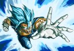  1boy aura blue_eyes blue_hair clenched_hand close-up dougi dragon_ball dragon_ball_super earrings gloves highres incoming_attack jewelry male_focus muscular muscular_male open_hand open_mouth orange_shirt outstretched_arm potara_earrings reaching shirt shouting solo spiked_hair stynl_f super_saiyan super_saiyan_blue teeth v-shaped_eyebrows vegetto veins white_gloves wide-eyed 