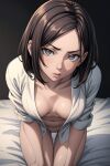  ai-generated breasts brown_hair grey_eyes highres leaning_forward medium_breasts non-web_source on_bed pussy pussy_juice shirt short_hair white_shirt 