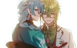  2boys :3 blue_eyes blue_hair blue_shirt braid bright_pupils chinese_clothes closed_mouth coat commentary earrings eyewear_strap fragaria_memories glasses green_hair green_shirt grin hair_between_eyes hair_over_shoulder hangyon_(fragaria_memories) jewelry lapels long_hair looking_at_viewer looking_back male_focus mandarin_collar multiple_boys notched_lapels open_clothes open_coat pikero_(fragaria_memories) pointy_ears purple-tinted_eyewear purple_eyes shirt simple_background smile symbol-only_commentary tassel tassel_earrings tinted_eyewear upper_body white_background white_coat white_pupils yanduxian 