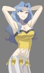  1girl armpits arms_up bare_shoulders blue_eyes blue_hair breasts camisole cleavage collarbone commentary_request cowboy_shot crop_top grey_background grin groin hands_in_hair karen_(pokemon) long_hair looking_at_viewer medium_breasts midriff navel pants parted_bangs pokemon pokemon_(game) pokemon_hgss rex_(rein_xeed) simple_background smile solo standing teeth wavy_hair white_pants yellow_camisole 