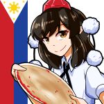  1girl black_hair black_ribbon brown_eyes commentary english_commentary flag hands_up hat holding holding_plate looking_at_viewer neck_ribbon philippine_flag plate pointy_ears pom_pom_(clothes) red_headwear ribbon shameimaru_aya short_hair short_sleeves smile solo tokin_hat touhou upper_body xen0moonz 