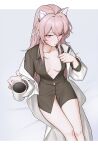  1girl absurdres animal_ears black_shirt breasts cat_ears cat_girl coat coffee_mug cup emile_aoi error extra_ears feet_out_of_frame girls&#039;_frontline highres holding holding_cup long_hair looking_at_viewer mug no_panties off_shoulder one_eye_closed open_clothes open_coat partially_unbuttoned persica_(girls&#039;_frontline) pink_eyes pink_hair shirt small_breasts solo white_coat 