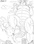  2018 anthro building cassie_(dragon_tales) chubby_anthro chubby_female claws cloud dragon dragon_tales fangs female hair hi_res horn line_art looking_down low-angle_view macro marcushunter nude one_leg_up raised_leg scales scalie signature slightly_chubby solo standing teeth toe_claws western_dragon wings 