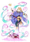  1boy absurdres bara blush daisukebear dog_boy floating full_body furry furry_male highres holding holding_sword holding_weapon inugami_(onmyoji) japanese_clothes katana kimono looking_ahead magic male_focus midair onmyoji onmyouji planted planted_sword purple_kimono scarf shiba_inu smile solo sword thick_eyebrows v-shaped_eyebrows weapon yellow_bird yellow_scarf 