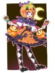  1girl :d argyle argyle_legwear basket bat_wings black_bow black_footwear blush bow candy capelet crescent_moon demon_tail fake_tail fake_wings food full_body glowing halloween_costume holding holding_basket holding_candy holding_food holding_lollipop idol_clothes jack-o&#039;-lantern lollipop looking_at_viewer mary_janes moon moudoku_(decopon3rd) open_mouth orange_skirt pretty_(series) print_skirt pripara puffy_sleeves pumpkin_hat purple_capelet ran-tan_(pripara) shirt shoes skirt smile solo standing swirl_lollipop tail white_shirt wings 