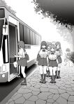  1boy 6+girls bag breasts bus commentary_request greyscale highres holding holding_phone large_breasts male_child monochrome motor_vehicle multiple_girls original outdoors phone road school_bag school_uniform shirt_tucked_in sidewalk sitting sky-freedom tree walking 