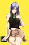  1girl black_shirt blue_hair braid breasts brown_skirt closed_eyes cup drink fate/grand_order fate_(series) holding holding_cup holding_drink large_breasts long_hair medea_(fate) midriff pencil_skirt pointy_ears shirt side_braid simple_background sitting skirt sleeveless sleeveless_shirt solo tamamoice tied_shirt yellow_background 