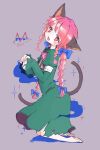  1girl animal_ears barefoot braid cat_ears cat_tail commentary_request dress full_body green_dress grey_background highres juliet_sleeves kaenbyou_rin long_hair long_sleeves looking_at_viewer m_(m073111) multiple_tails nekomata open_mouth puffy_sleeves red_eyes red_hair side_braids simple_background solo tail torn_clothes torn_dress touhou twin_braids two_tails 