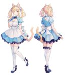  1girl animal_ears back_bow blonde_hair blue_dress blush bow breasts cat_ears cleavage dress e_(eokiba) facing_away frilled_dress frills from_behind full_body high_heels highres large_breasts looking_at_viewer maid maid_headdress multiple_views original puffy_short_sleeves puffy_sleeves short_dress short_sleeves thigh_bow thighhighs twintails white_bow white_thighhighs zettai_ryouiki 