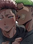  2boys bandaid bandaid_on_cheek bandaid_on_face bara biting blush brown_hair dark-skinned_male dark_skin ear_biting ear_blush green_hair hand_on_another&#039;s_arm hand_up highres looking_to_the_side male_focus multiple_boys original ryudirection96 shirt_tug short_hair shy sweat sweating_profusely tearing_up upper_body yaoi 