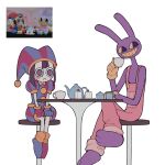  1boy 1girl :c animal_ears barefoot black_eyes blue_eyes cake cake_slice colored_sclera commentary_request crossed_legs cup doll food hat heterochromia highres holding holding_cup jax_(the_amazing_digital_circus) jester jester_cap on_chair overalls pale_skin photo-referenced pomni_(the_amazing_digital_circus) rabbit rabbit_ears red_eyes sitting skn_1027 teacup teapot the_amazing_digital_circus yellow_sclera 