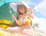 1girl :d bare_arms bare_shoulders beach beach_umbrella bikini blonde_hair blue_archive blush breasts cleavage closed_eyes collarbone day facing_viewer front-tie_bikini_top front-tie_top halo hat highres holding huge_breasts large_hat long_hair mimikaki navel nonomi_(blue_archive) nonomi_(swimsuit)_(blue_archive) official_alternate_costume open_mouth outdoors parasol sideboob sitting skindentation smile solo string_bikini sun_hat swimsuit thighs umbrella wariza water white_headwear xiujia_yihuizi yellow_bikini 